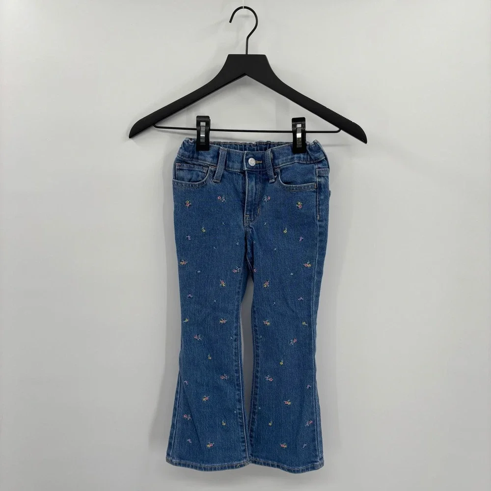 Old Navy Girls‎ Embroidered High Rise Flare Jeans 6 Medium Wash Floral Boho 70s